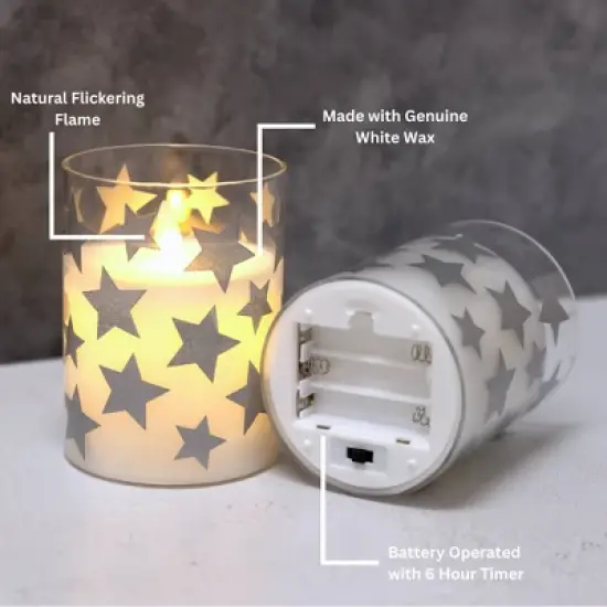 2ct Battery Operated Glass LED Candles with Moving Flame Silver Stars: Flameless Pillar, Winter Decor, Lumabase image {6}