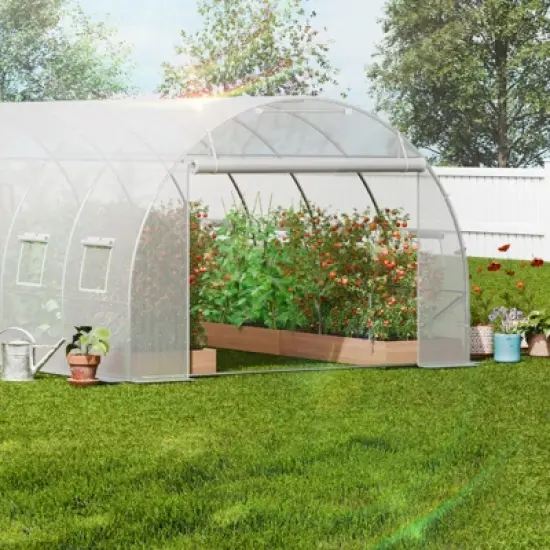 VEVOR Walk-in Tunnel Greenhouse, 19.4x9.7x6.5 ft Hoop House Greenhouse Tunnel with Galvanized Steel Frame, White PE Cover, 12 Windows image {1}