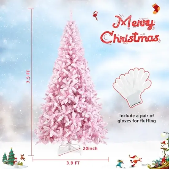 Costway 7.5FT Pre-Lit Snow Flocked Pink Christmas Tree 1100 Tips w/ 450 Lights & 8 Modes image {3}