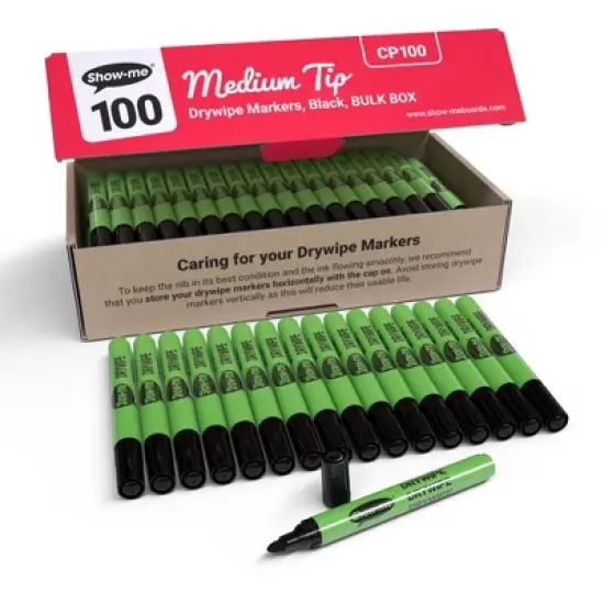 Show-me&reg; Medium Tip Slim Barrel Dry Erase Markers, Black, Classbox of 100 image {2}