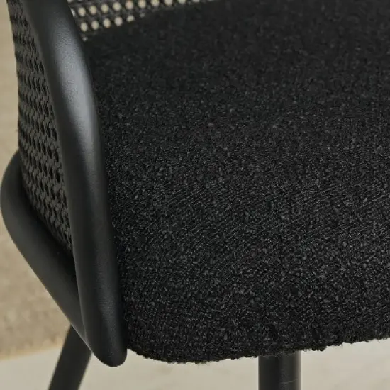 Set of 4 Rattan Dining Chairs, Upholstered Armchairs with Boucl&eacute; Fabric, Metal Legs, and Mesh Cane Back for Kitchen & Dining Room-Maison Boucle image {6}