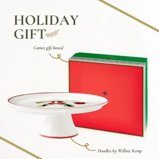 Spode Kit Kemp Doodle 10.7" Cake Stand - Best in Snow Doodle - Whimsical Santa Illustration, Fine China Cake Display for Elegant Dessert Presentation image {5}
