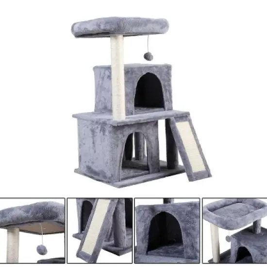 Sandinrayli 34&rdquo; H Luxury 3-Tier Kitten Cat Tree with 2 Condos, Top Perch, Scratching Posts for Playing, Napping, Jumping, Light Gray image {2}