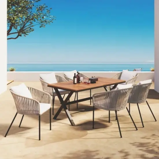 7 Pieces Patio Dining Set, All-Weather Outdoor Furniture Set with Dining Table and Chairs, Metal Frame, for for Garden, Backyard, Beige image {16}