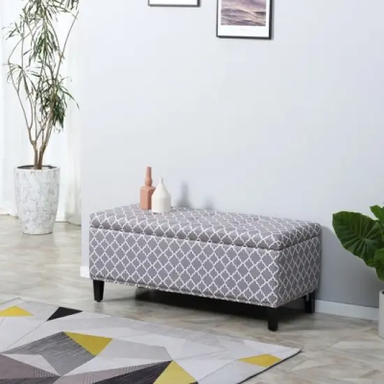 HOMCOM Large 42" Tufted Linen Fabric Upholstery Storage Ottoman Bench with lift-top for Living Room, Entryway, or Bedroom - Gray Lattice image {6}