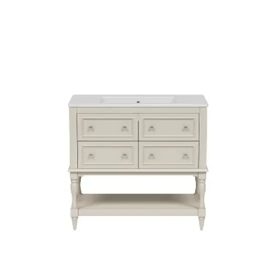 36" Bathroom Vanity with Undermount Ceramic Sink, Free-Standing Bathroom Cabinet with 4 Drawers, Solid Wood Frame, Beige/Black/White - ModernLuxe image {5}