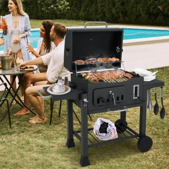 Costway Barrel Charcoal Grill with 2 Folding Side Tables 24-Inch Outdoor Barbecue Grill image {3}