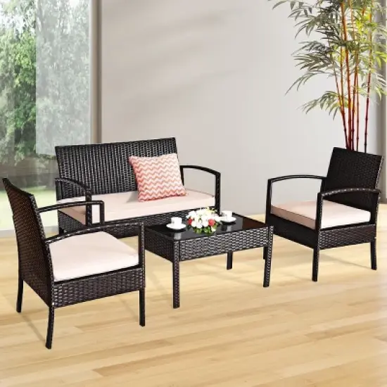 Costway 4PCS Patio Rattan Conversation Furniture Set Cushioned Seat Glass Table image {3}