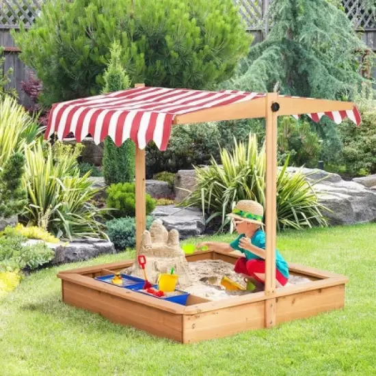 Outsunny Kids Wooden Sandbox, Children Sand Play Station Outdoor, with Adjustable Height Cover, Bottom Liner, Seat, Plastic Basins, Boys and Girls image {2}
