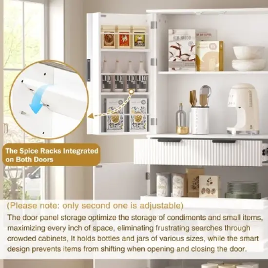 Fluted Pantry Cabinet with Keyboard Drawers & Door Spice Racks, Tall Freestanding Storage Cupboard with Adjustable Shelf for Kitchen, Dining Room image {12}