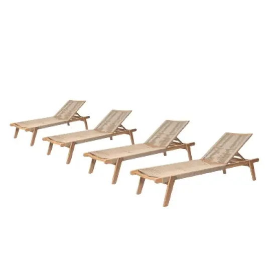 Christopher Knight Home Addison Rustic Outdoor Acacia Wood Chaise Lounge with Rope Seating (Set of 4), Teak/Beige image {8}