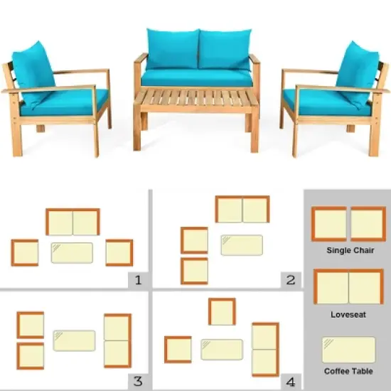 Costway 8PCS Patio Furniture Set Acacia Wood Thick Cushion Loveseat Sofa Off White\Turquoise\Grey image {4}