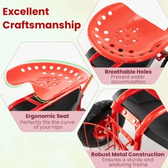 Tangkula Rolling Garden Cart Scooter w/ Adjustable Seat Storage Basket Tray Red image {7}