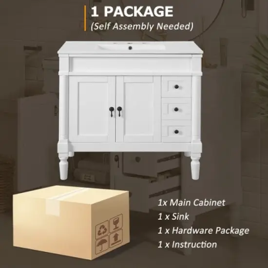 36" Bathroom Vanity with Ceramic Sink, 2 Soft Close Doors, 3 Drawers, Adjustable Shelf, Solid Wood Frame, Freestanding Storage Cabinet image {5}