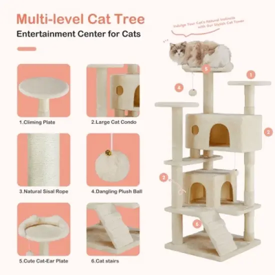 JIONJOY 54-Inch Cat Climbing Tower: Dual Apartments image {4}