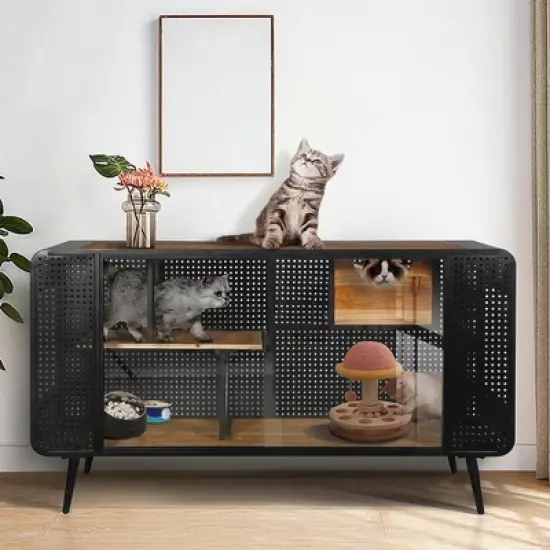 55 Inch Cat Litter Box Furniture, Metal Cat House with 2 Sliding Glass Doors, Media Console Table, Pet Kennel for Living Room Hallway Black image {6}