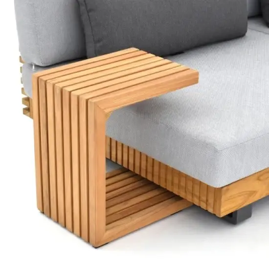 Modular Fabric Outdoor Lounge Suite Sectional Sofa Ensemble w/ TeakTone Wood Accents & Matte Metal Frame Side Table image {11}