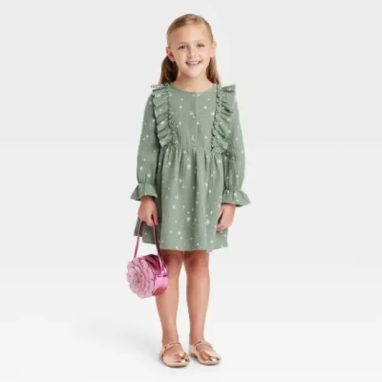 Grayson Collective Toddler Girls' Snowflake Gauze Ruffle Long Sleeve Dress - Green image {2}