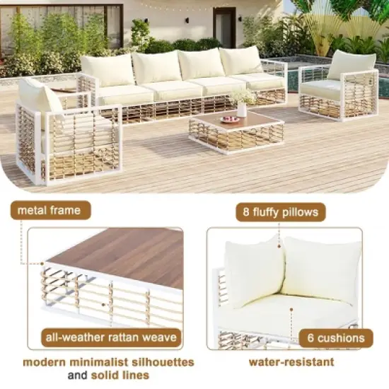 FIONECA Modern Minimalist 7-Piece Metal Patio Sectional Sofa Set with Thick Cushions & Coffee Table &uml;C White, Indoor & Outdoor image {3}