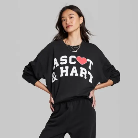 Women's Ascot + Hart Fleece Heart Graphic Pullover Sweatshirt - Black image {1}
