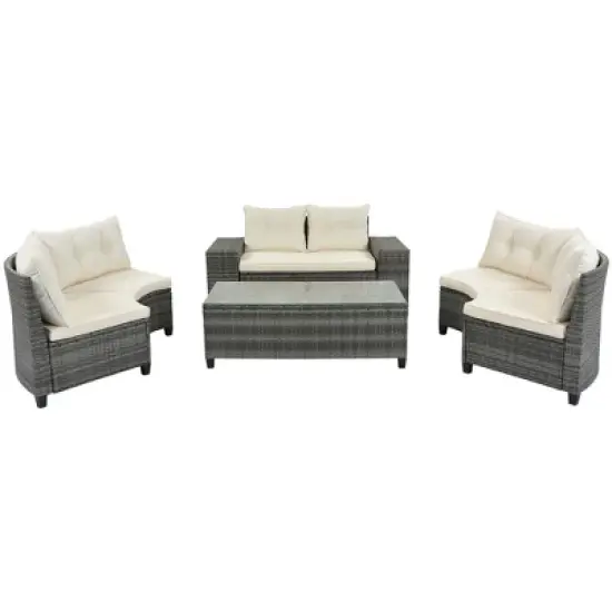 8-Piece Outdoor Patio Wicker Half-Moon Sectional Sofa Set with Rectangular Coffee Table image {7}