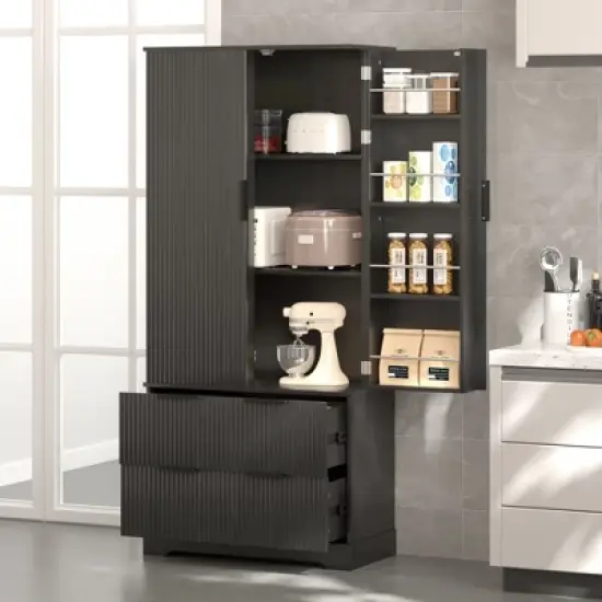 Bella Depot 72" Fluted Kitchen Pantry Cabinet with 2 Drawers & 8-Door Spice Rack, Freestanding Storage Organizer for Bathroom, Dining Room, Entryway image {2}