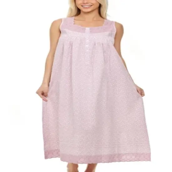 Women's Cotton Victorian Nightgown, Sybil Sleeveless Lace Trimmed Button Up Long Vintage Night Dress Gown image {7}