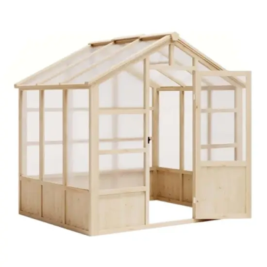 8x8FT Outdoor Wooden Greenhouse with Lockable Door Adjustable Vent Polycarbonate Panels Heavy Duty Garden Yard Greenhouse Light Brown image {1}