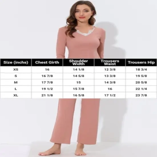 cheibear Womens Sleepwear Lounge Ribbed Knit Peplum Tops with Lace Long Sleeve Pajamas Set image {3}