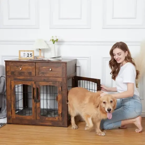 Dog crate furniture with cushions, indoor wooden dog kennel with 2 drawers, dog crate side table with storage for living room, foyer image {5}