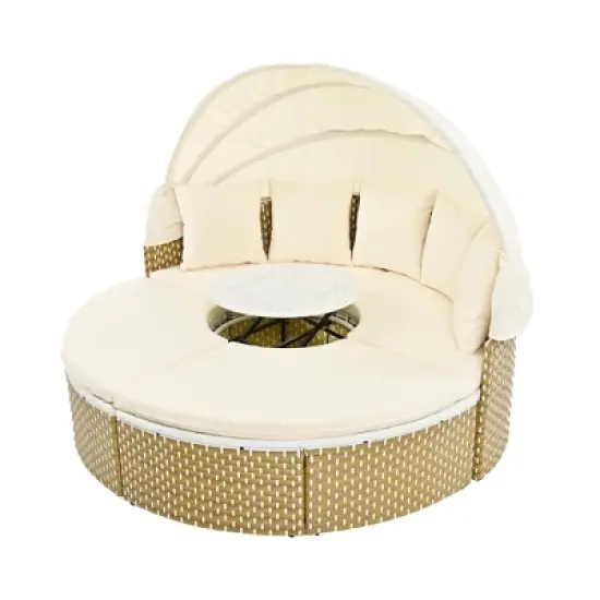 4-Pieces Outdoor Patio Rattan Round Daybed Sunbed with Retractable Canopy and Table image {3}