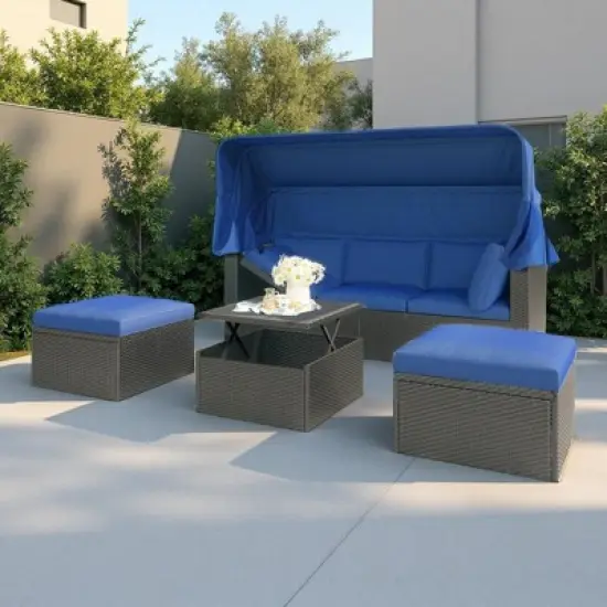 4-Pieces Outdoor Patio Rattan Daybed Sunbed Set with Retractable Canopy, Lift Table, and Adjustable Seat image {16}