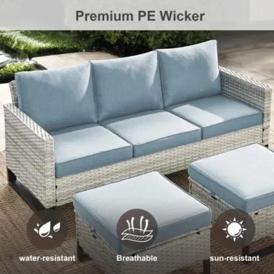 POCASSY 74.4" Outdoor Wicker Couch with Metal Armrest, 3-Seater Couch with Square Armrest Patio Furniture Sofa for Porch Balcony image {6}