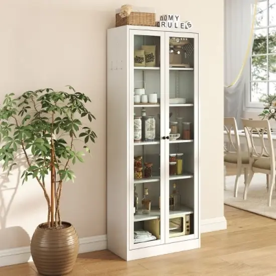 GlasFlength Kitchen Storage Farmhouse Kitchen Pantry Cabinet Freestanding Cupboard Accent Storage Cabinet for Kitchen, White, 27.6"*13.8"*72" image {1}