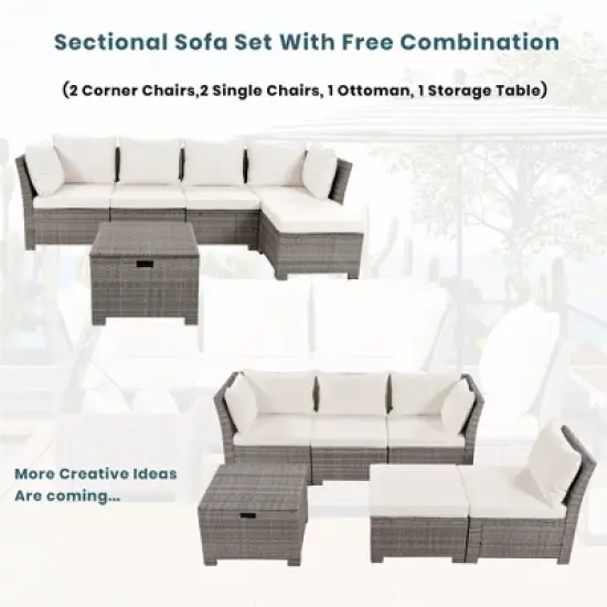 6PCS Patio PE Rattan Conversation Set, Outdoor All-weather Wicker Sectional Sofa Set, Beige-ModernLuxe image {5}