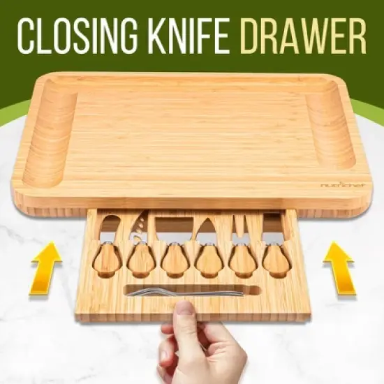 NutriChef Bamboo Cheese Board Set with Integrated Slicer & Stainless Steel Utensils -Rustic Design image {5}