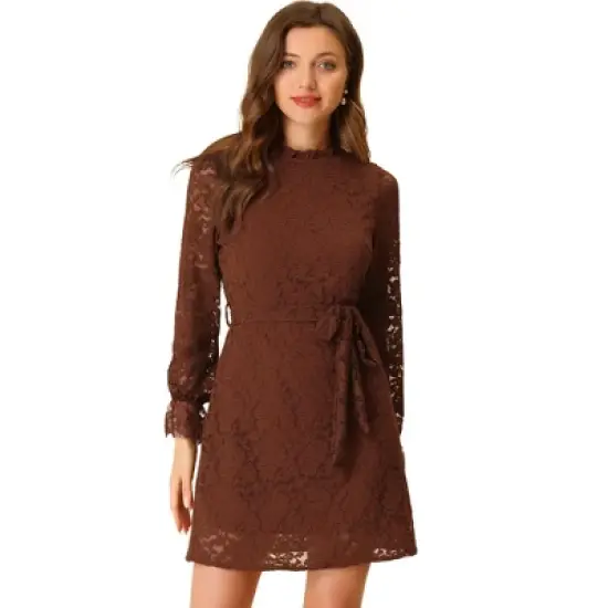 Allegra K Women's Ruffle Crew Neck Formal Elegant Mini Floral Lace Dress image {16}