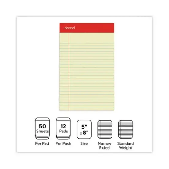 Universal Perforated Ruled Writing Pads, Narrow Rule, Red Headband, 50 Canary-Yellow 5 x 8 Sheets, Dozen image {5}