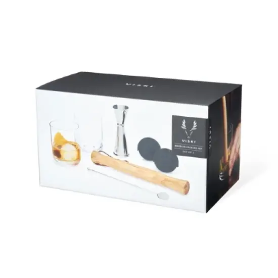 Viski Muddled Cocktail Barware Tool Set, 2 lead-free Crystal Tumblers, 2 Ice Molds, Double Jigger, Wooden Muddler, Stir Stick 7-Piece set, Multicolor image {6}