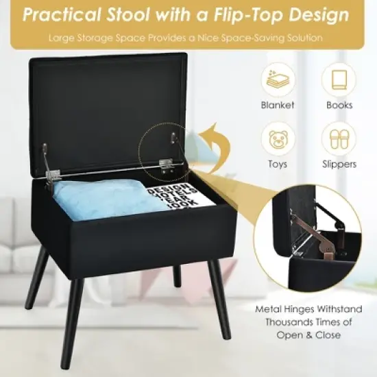 Costway Velvet Storage Ottoman Tufted Flip Top Vanity Stool Footrest with Wood Legs image {7}