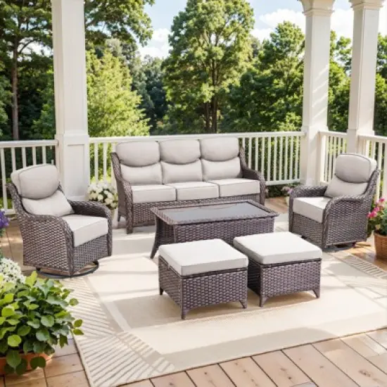 Gymojoy 6 Pieces Outdoor Patio Sofa Ottoman with Swivel Chairs Table image {15}