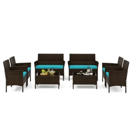 Tangkula 8 Piece Patio Rattan Conversation Set Outdoor Wicker Furniture Set w/ Chair Loveseat & Tempered Glass Table Beige/Black/Gray/Navy/Turquoise image {13}