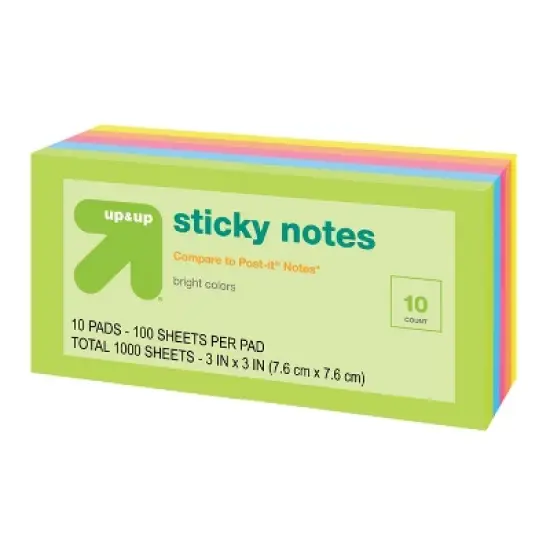 Sticky Notes 10pk 100ct per Pack - up&up&trade;: 3x3 Inch Multicolor, Uncoated Paper, Office Supplies, Glue Binding image {1}