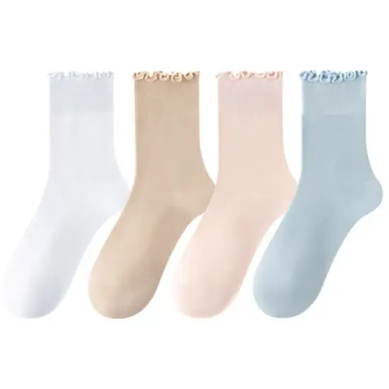 Anna-Kaci 4 Pairs Women's Ruffle Edge Crew Socks Soft Stretch Cotton Blend with High Elastic Cuffs in Assorted Solid Colors image {11}