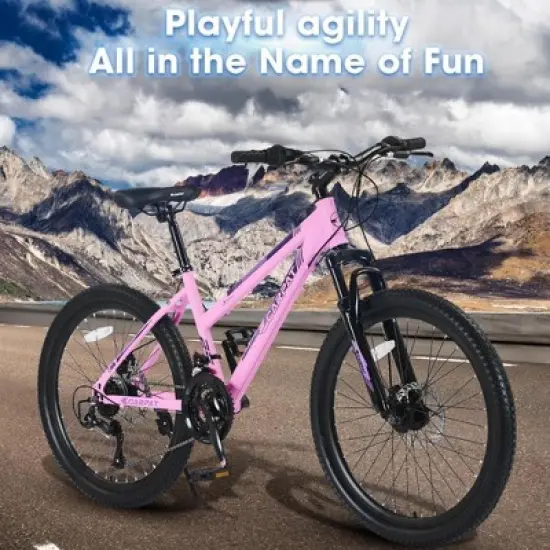 NAYSAYE Bicycle 24 Inch Mountain Bike with 21 Speed Shifter Dual Disc Brakes for Teenagers and Women, Pink, 66"*24.8"*35" image {1}