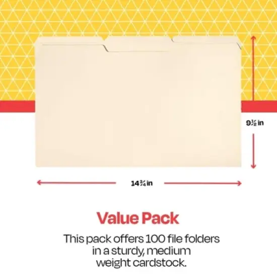 School Smart Manila File Folders, Legal Size, 1/3 Cut Tabs, Pack of 100 image {3}