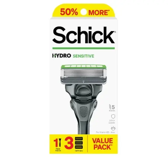 Schick Hydro Sensitive Razor &ndash; 5 Blade Razor for Men with Sensitive Skin - Trial Size &ndash; 1 Razor Handle with 3 Razor Refills image {9}