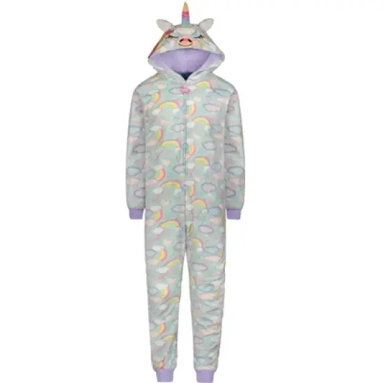 Sleep On It Girls Clouds & Rainbows Zip-Up Hooded Sleeper Pajama with Built Up 3D Character Hood image {4}