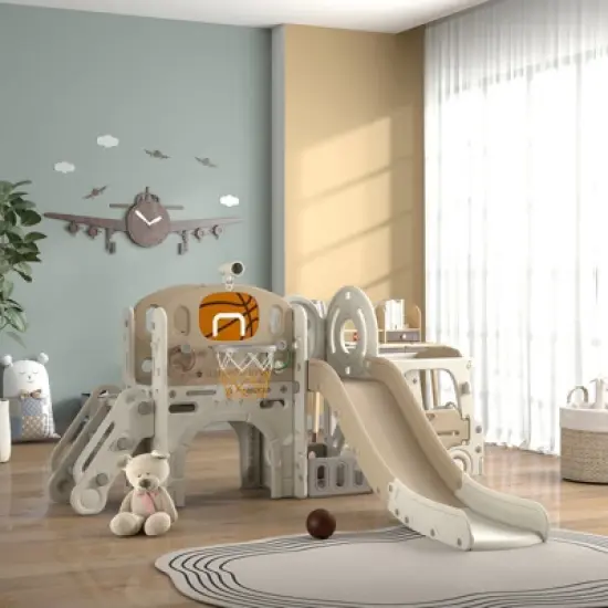 INFURNIC Baby Activity Gyms, Car Themed Baby Slide with Basketball Hoop and Storage Space, for Gift to Children, Multicoloured, 85.4"*74.4"*43.7" image {2}