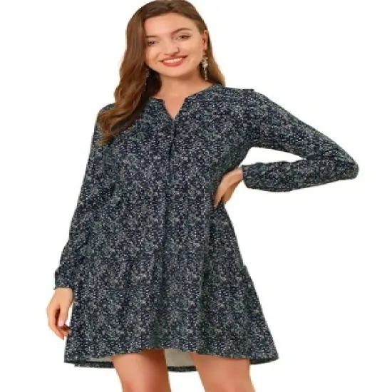 Allegra K Women's Spring Floral Long Sleeves V Neck Casual Babydoll Tiered Dress image {9}